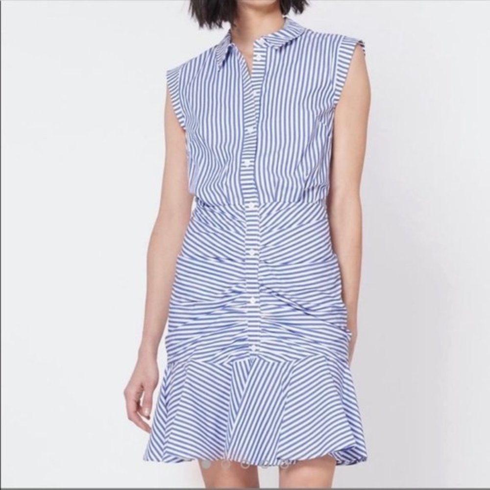 Veronica Beard Bell Button Down Ruched Shirt Dress Blue White Stripe Size 2